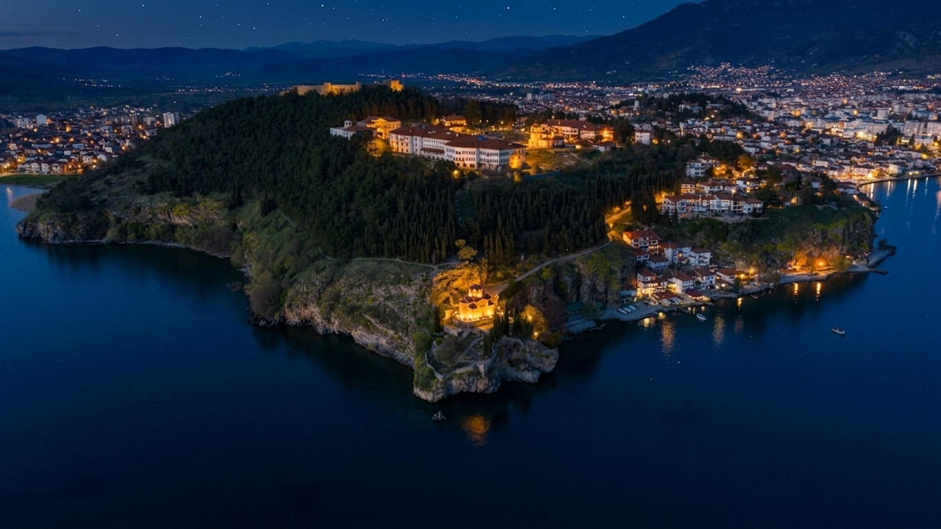 Lychnid Cruise catamaran sailing on Lake Ohrid with scenic mountain backdrop